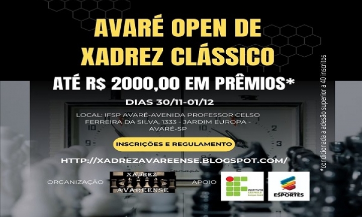 Torneio Avaré Open de Xadrez vai distribuir R$ 2 mil em prêmios