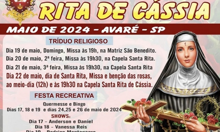 Festa de Santa Rita começa nesta sexta-feira, 17, com vasta programação