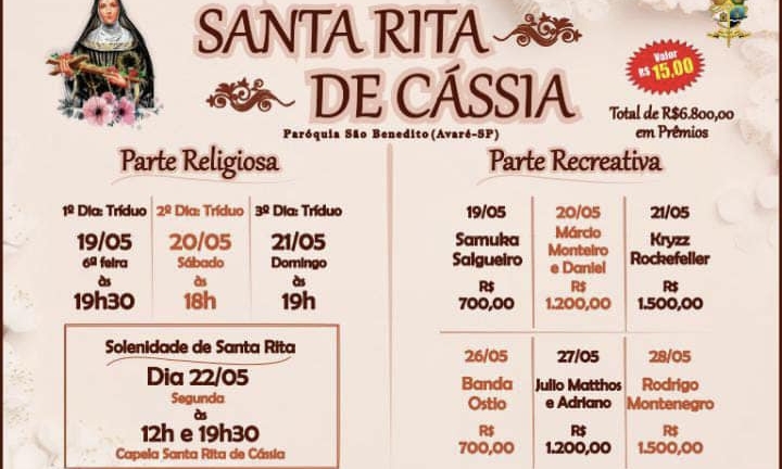 Começa nesta sexta (19) a quermesse da Festa de Santa Rita de Cássia