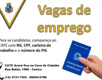 CATE de Avaré está com 10 vagas de emprego disponíveis