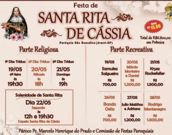 Começa nesta sexta (19) a quermesse da Festa de Santa Rita de Cássia